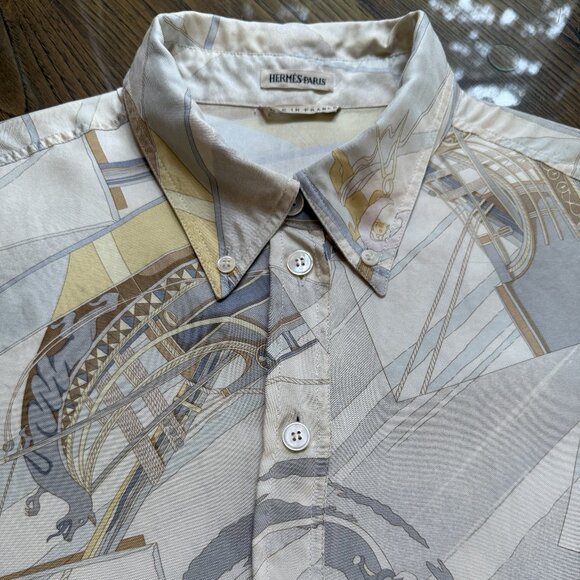 HERMES Vintage Face au Large Margiela Blue Ivory Silk Blouse FR48 Women XL 16 18 - Picture 7 of 16